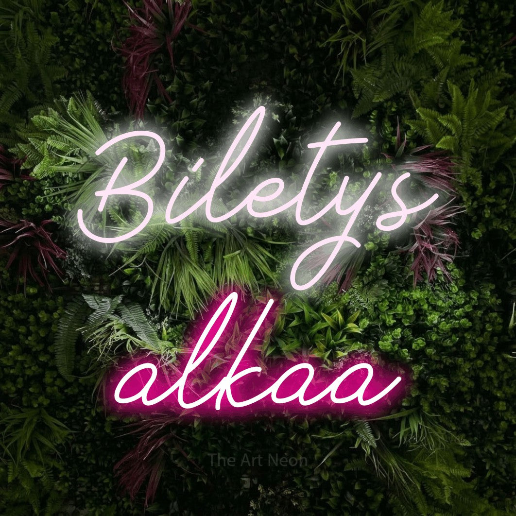 LED neon sign reading “Biletys alkaa”, arranged in 2 lines.