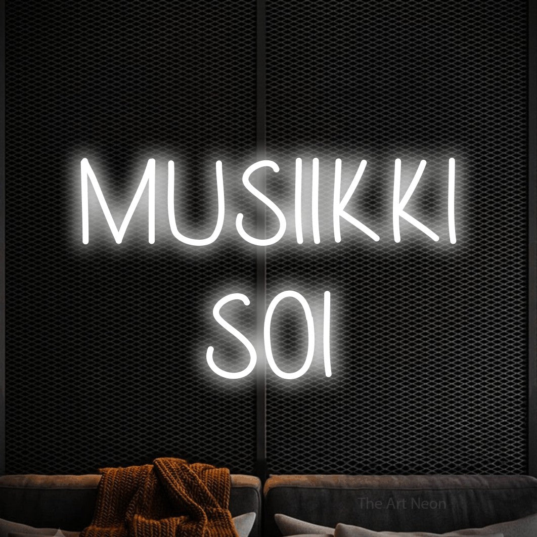 LED neon sign reading “MUSIIKKI SOI”, arranged in 2 lines.