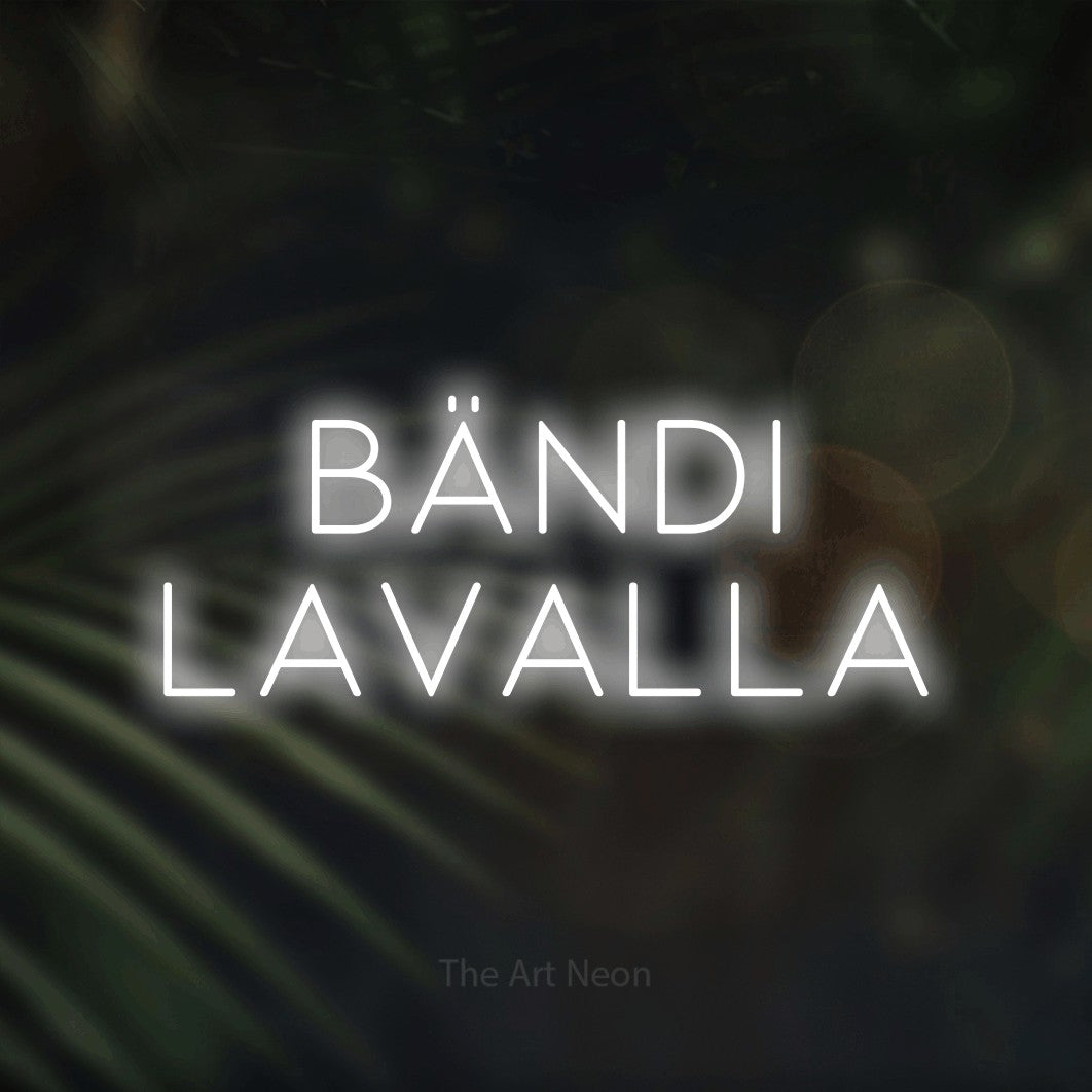 LED neon sign reading “Bändi lavalla”, arranged in 2 lines.
