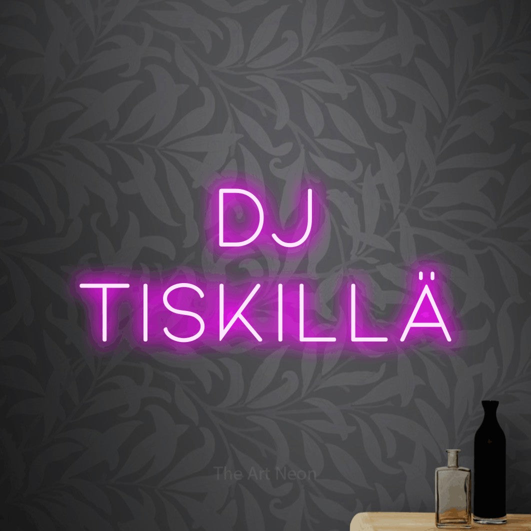 LED neon sign reading “DJ tiskillä”, arranged in 2 lines.