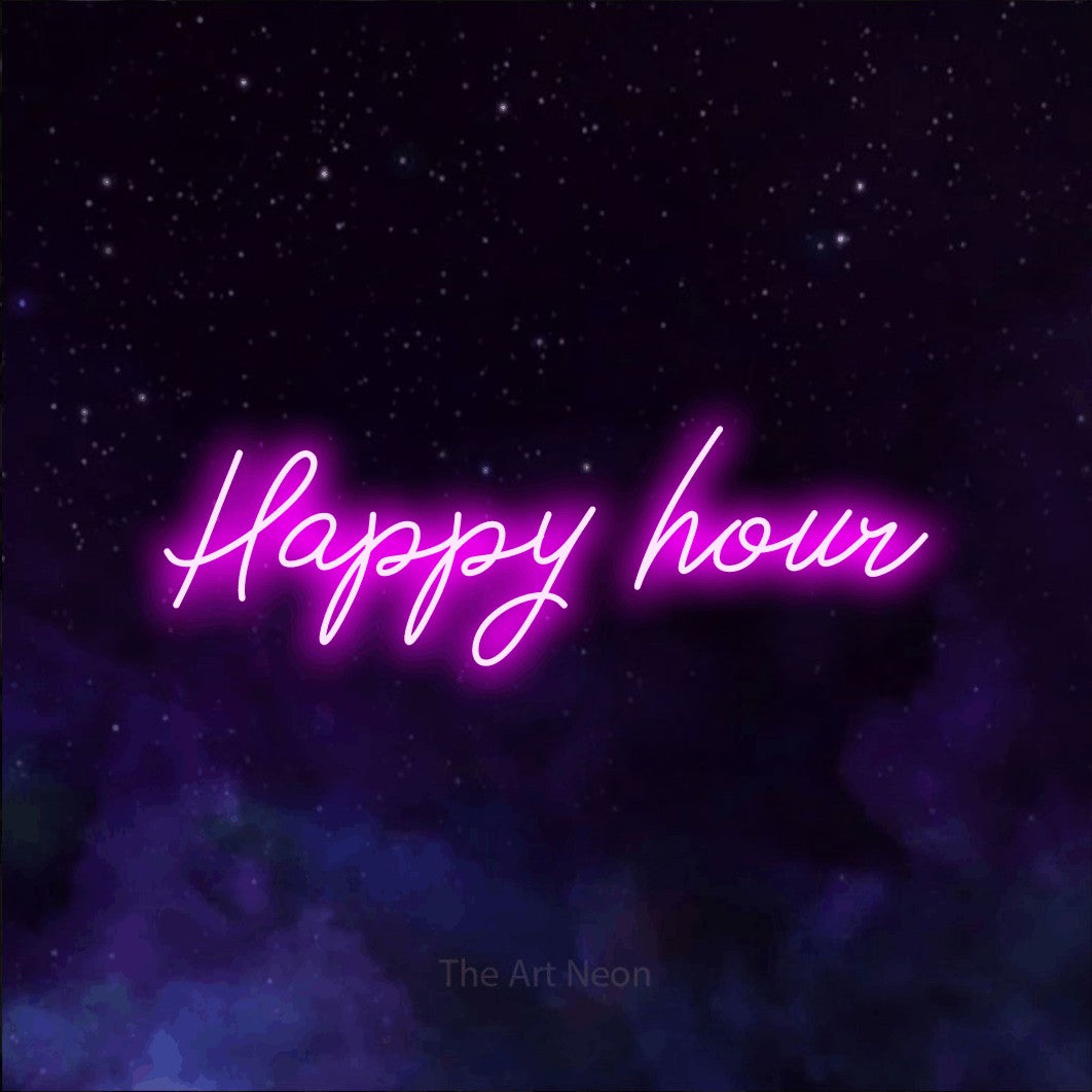 LED neon sign reading “Happy hour”, arranged in a single line.