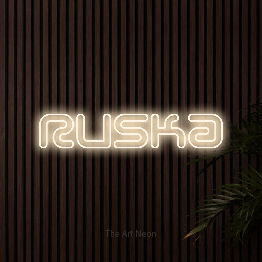 LED neon sign reading “Ruska”, arranged in a single line.