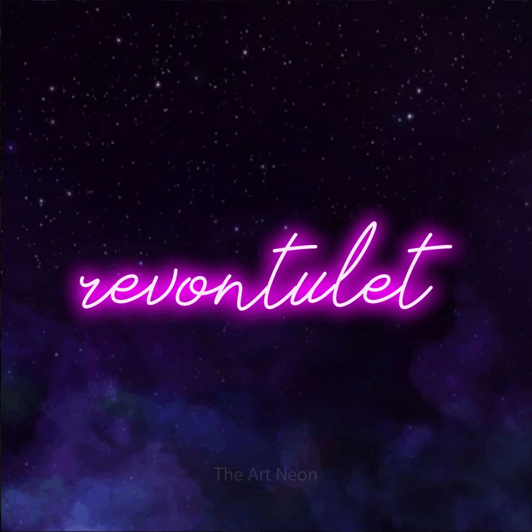 LED neon sign reading “revontulet”, arranged in a single line.