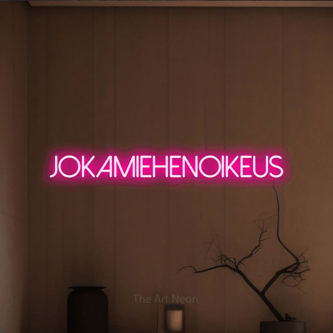 LED neon sign reading “Jokamiehenoikeus”, arranged in a single line.