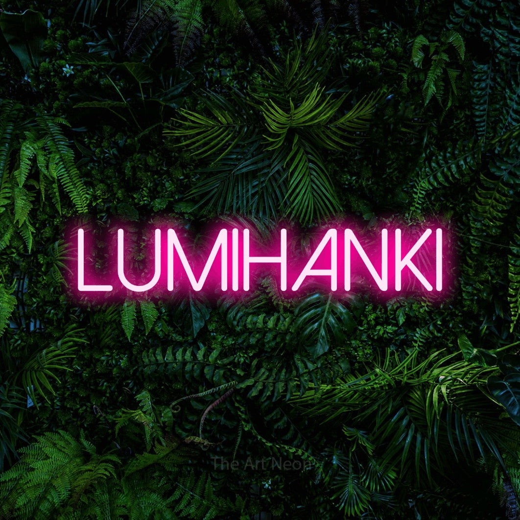 LED neon sign reading “LUMIHANKI”, arranged in a single line.