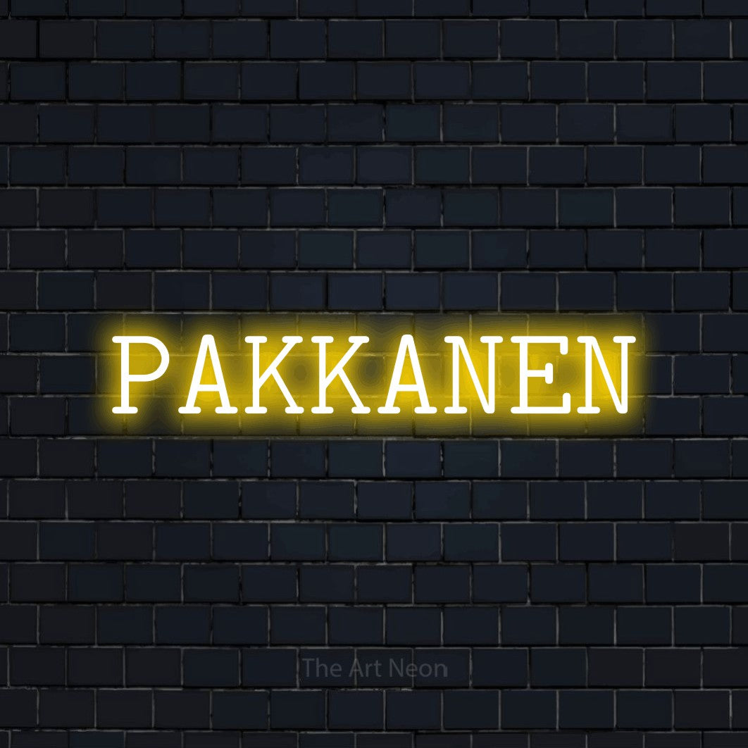 LED neon sign reading “PAKKANEN”, arranged in a single line.