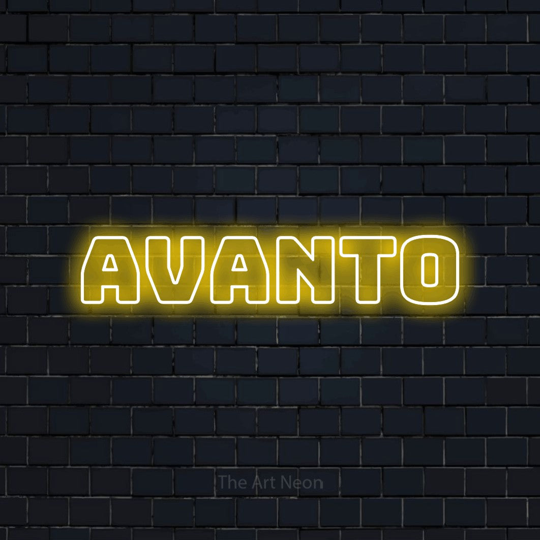LED neon sign reading “Avanto”, arranged in a single line.