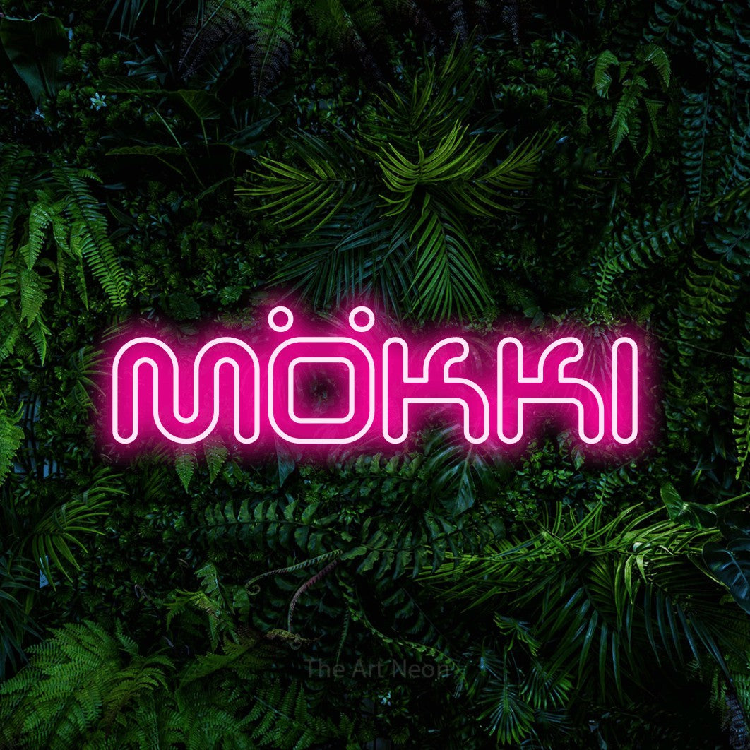 LED neon sign reading “Mökki”, arranged in a single line.