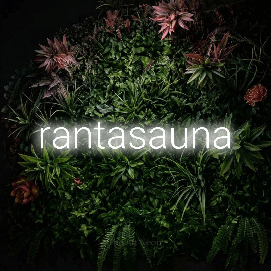 LED neon sign reading “rantasauna”, arranged in a single line.