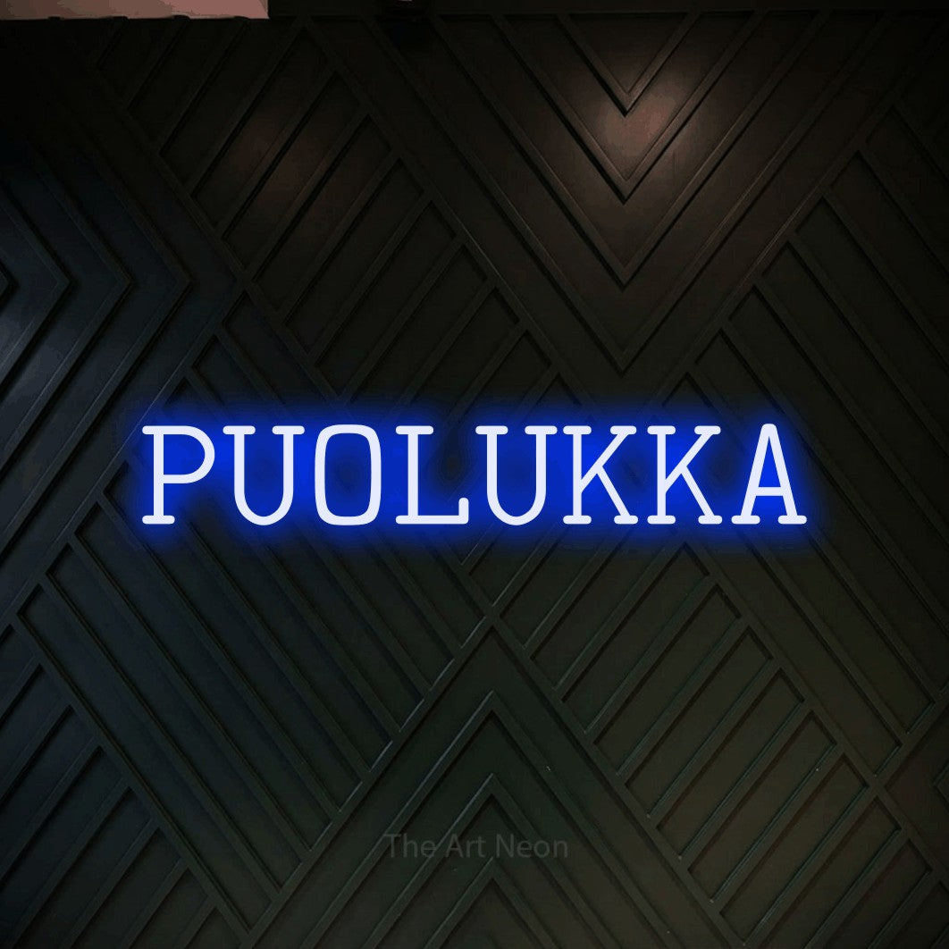 LED neon sign reading “PUOLUKKA”, arranged in a single line.
