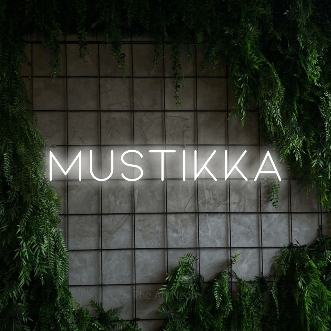 LED neon sign reading “Mustikka”, arranged in a single line.
