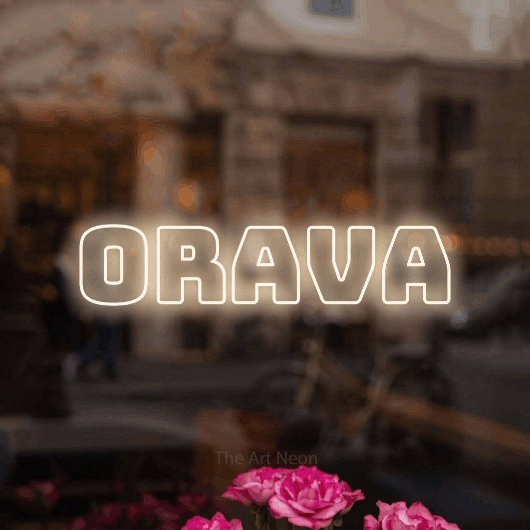 LED neon sign reading “Orava”, arranged in a single line.
