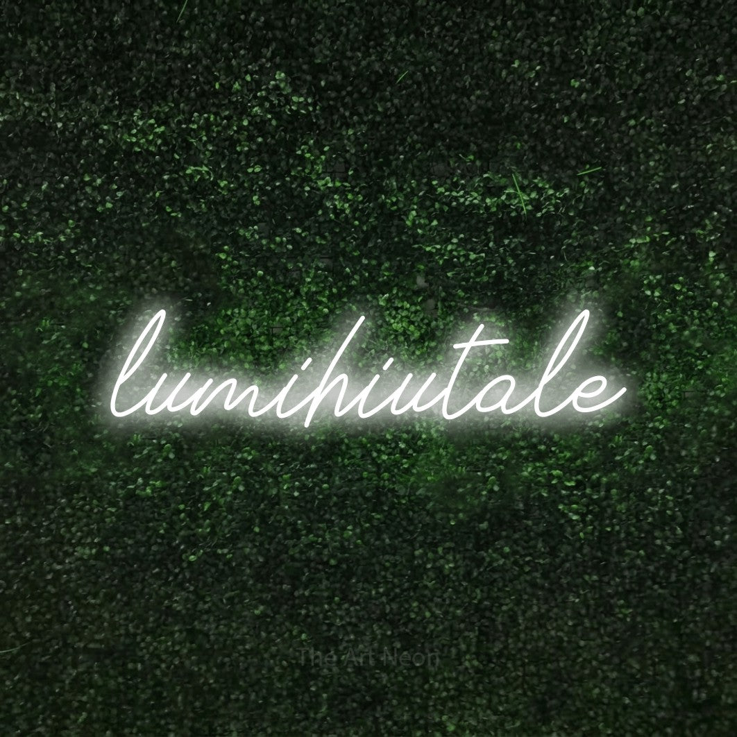 LED neon sign reading “lumihiutale”, arranged in a single line.