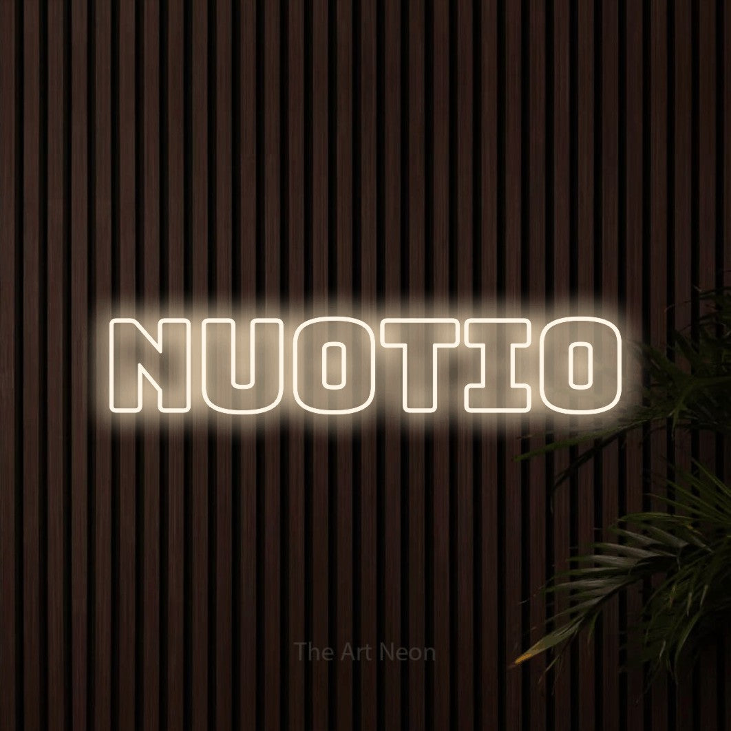 LED neon sign reading “Nuotio”, arranged in a single line.