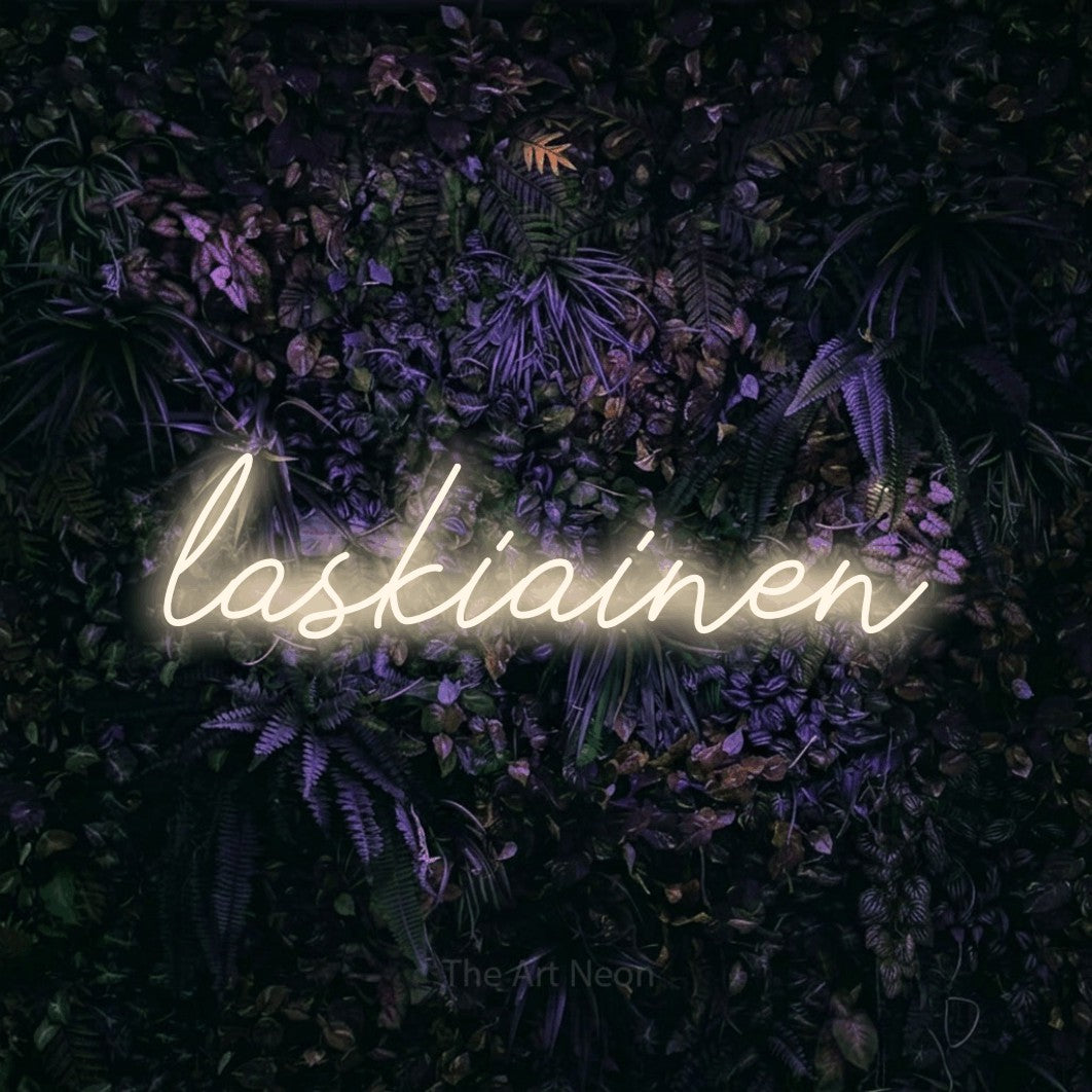 LED neon sign reading “laskiainen”, arranged in a single line.