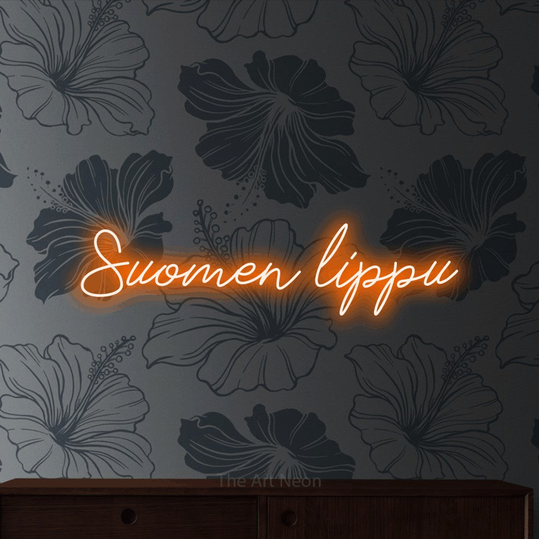 LED neon sign reading “Suomen lippu”, arranged in a single line.