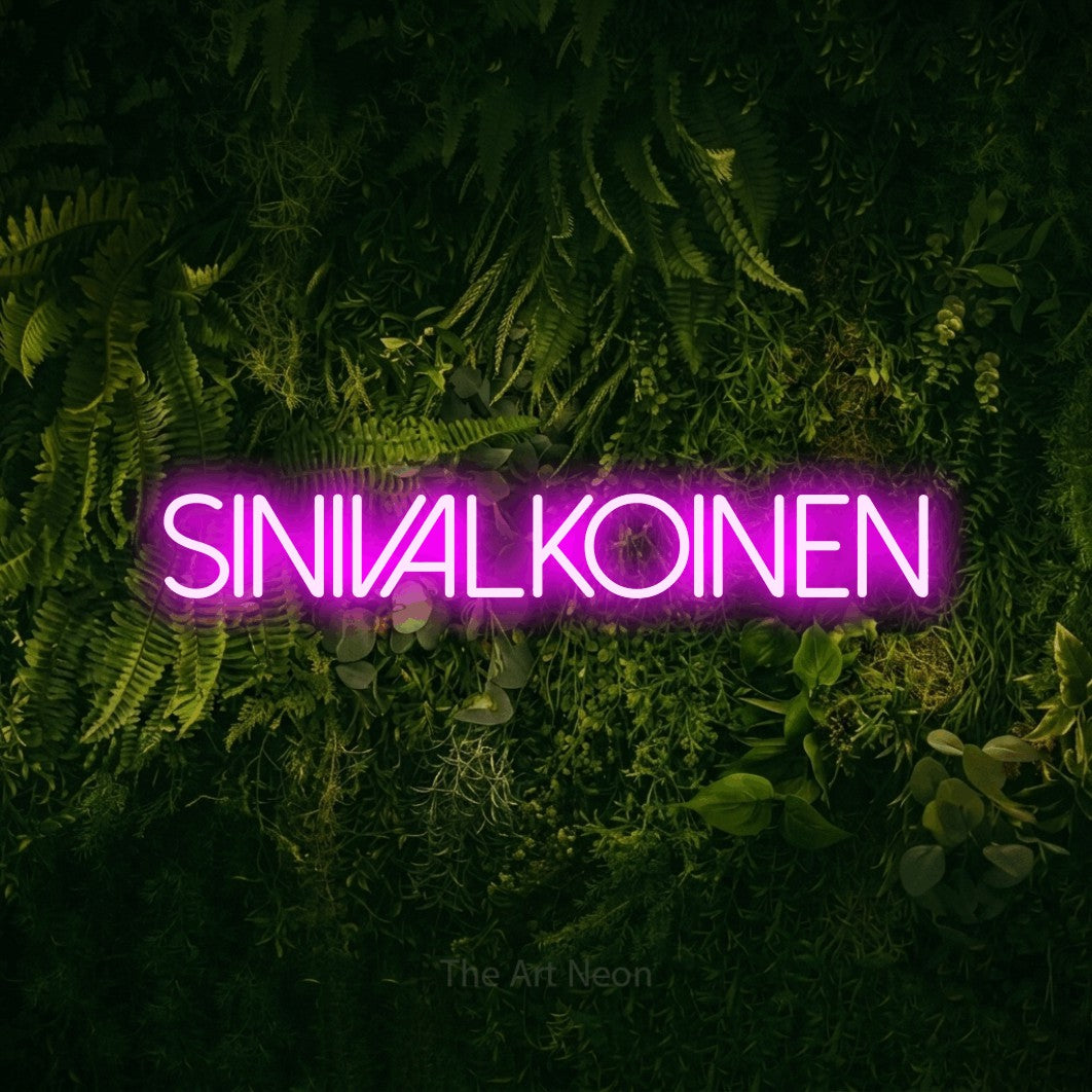 LED neon sign reading “Sinivalkoinen”, arranged in a single line.