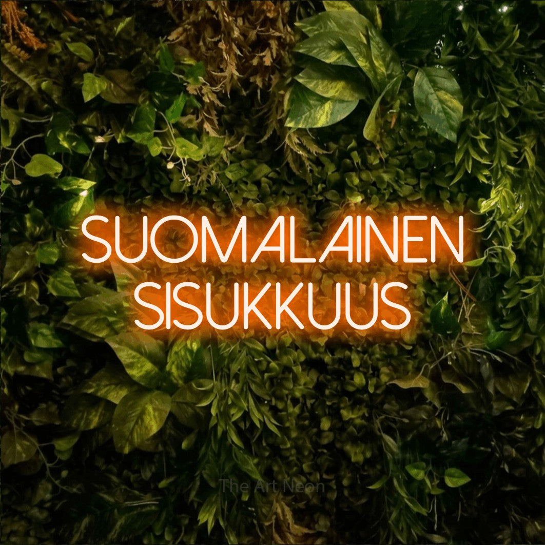 LED neon sign reading “SUOMALAINEN SISUKKUUS”, arranged in 2 lines.