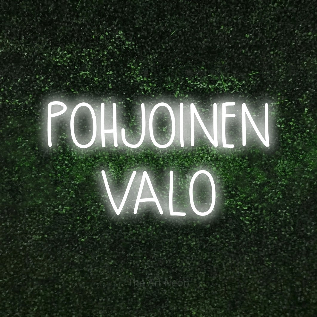 LED neon sign reading “POHJOINEN VALO”, arranged in 2 lines.