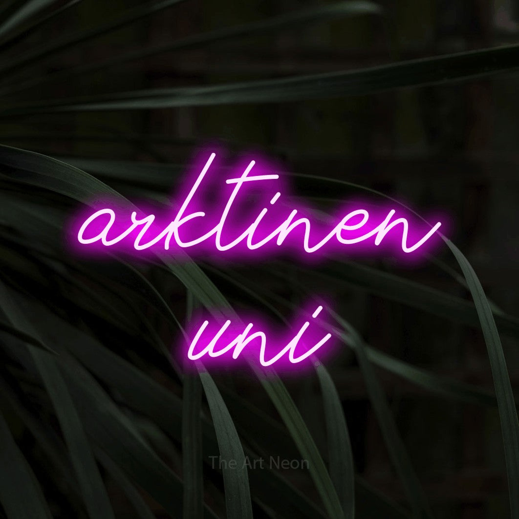 LED neon sign reading “arktinen uni”, arranged in 2 lines.