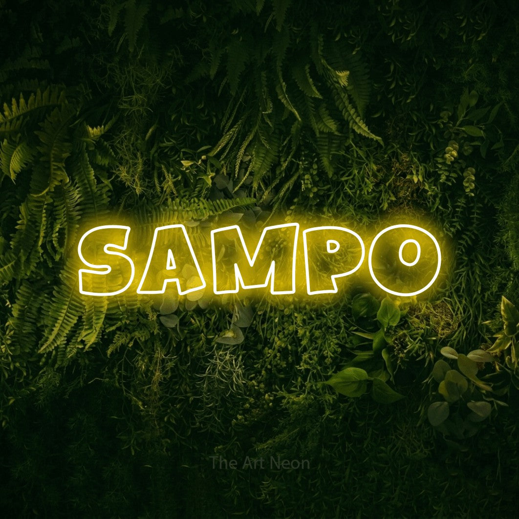 LED neon sign reading “Sampo”, arranged in a single line.