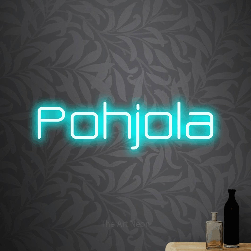 LED neon sign reading “Pohjola”, arranged in a single line.