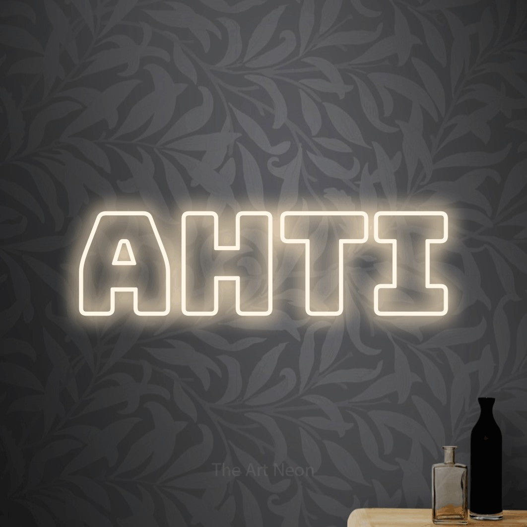 LED neon sign reading “Ahti”, arranged in a single line.