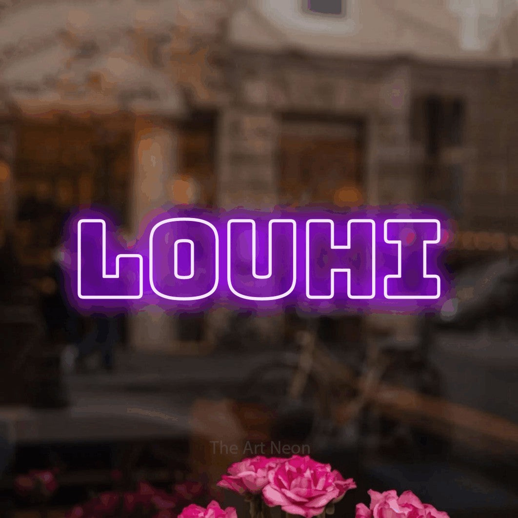 LED neon sign reading “Louhi”, arranged in a single line.