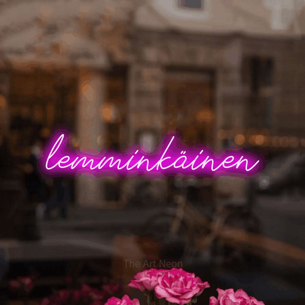 LED neon sign reading “lemminkäinen”, arranged in a single line.