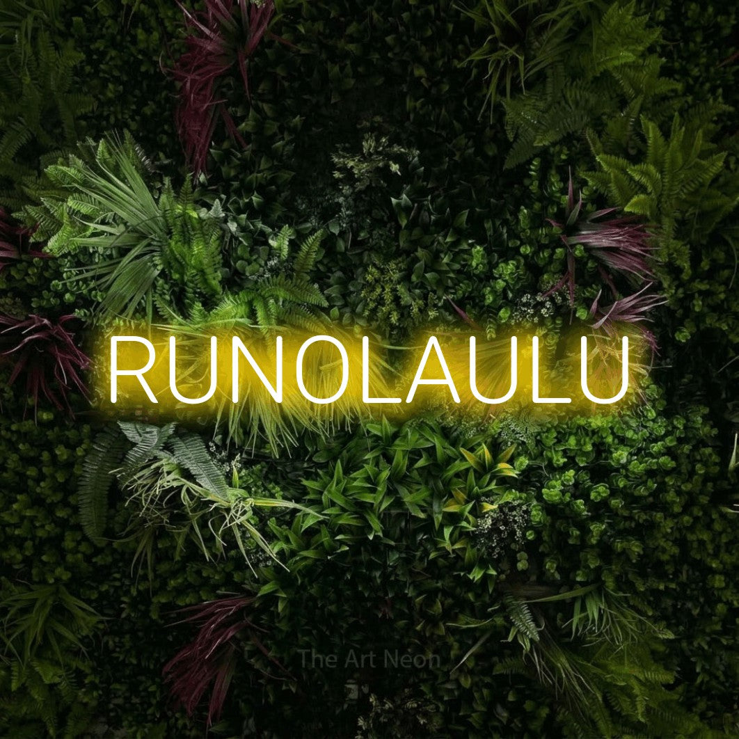 LED neon sign reading “RUNOLAULU”, arranged in a single line.