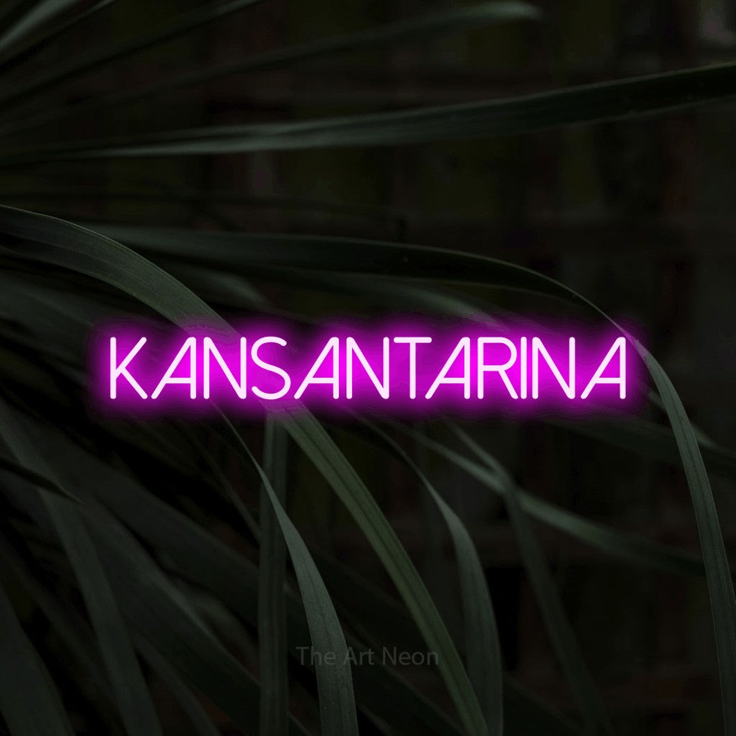 LED neon sign reading “kansantarina”, arranged in a single line.