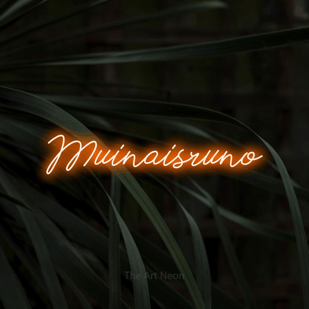 LED neon sign reading “Muinaisruno”, arranged in a single line.