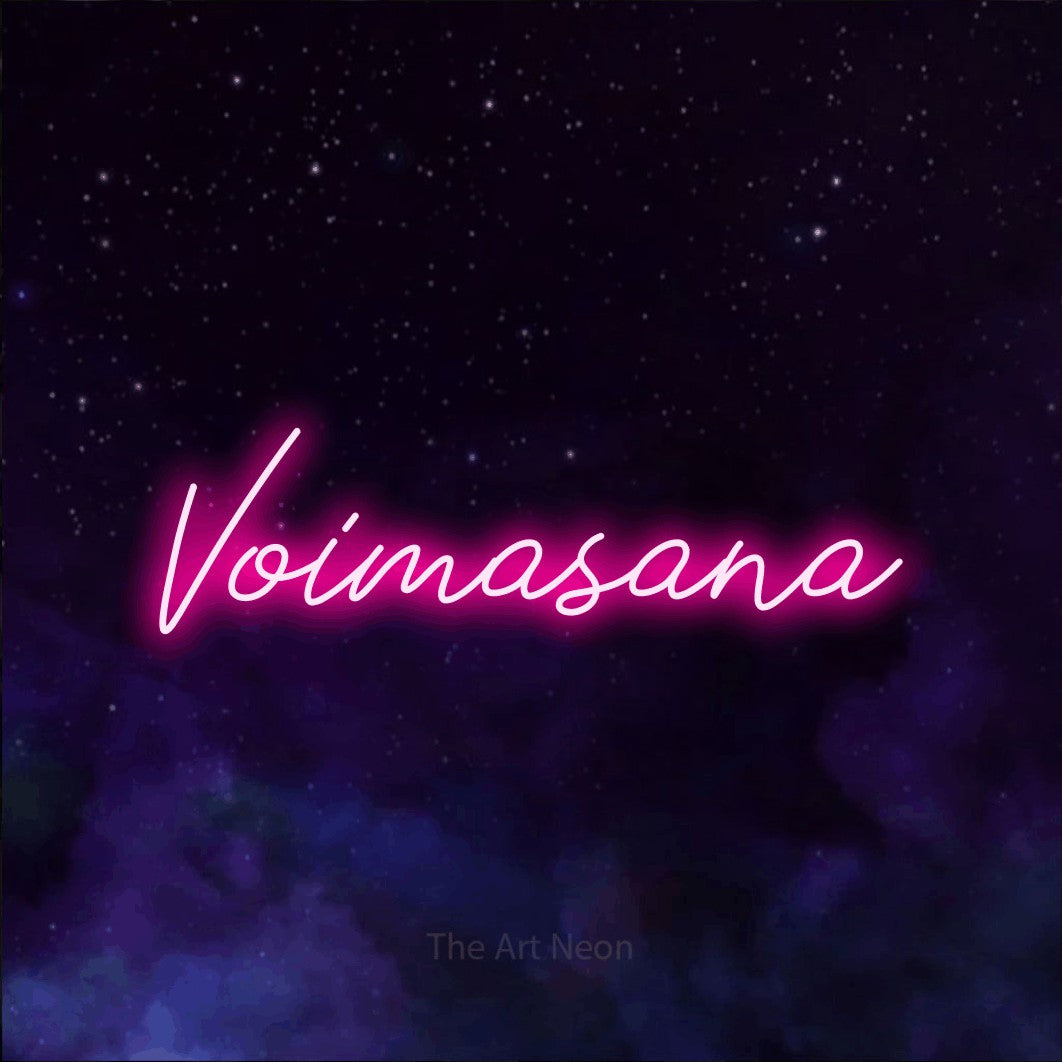 LED neon sign reading “Voimasana”, arranged in a single line.