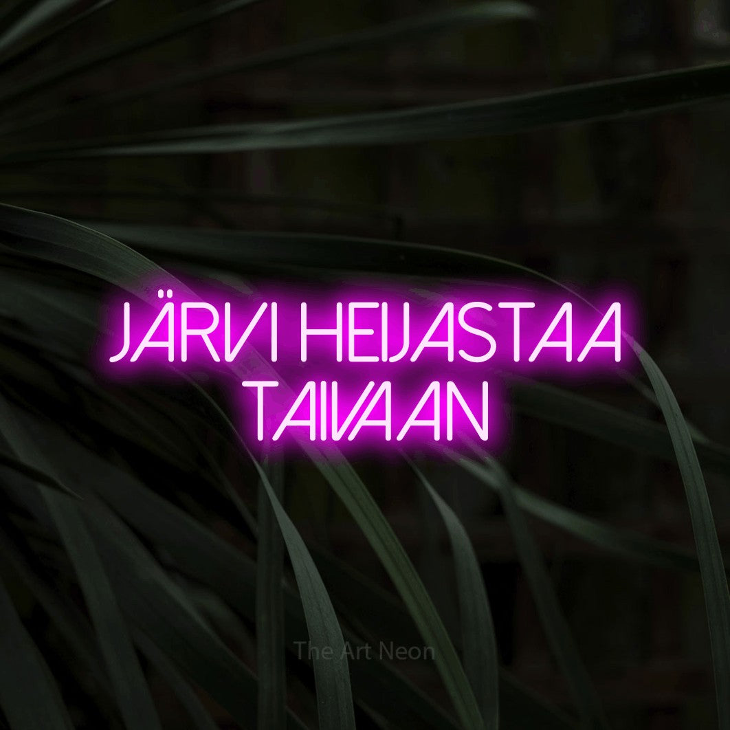LED neon sign reading “Järvi heijastaa taivaan”, arranged in 2 lines.