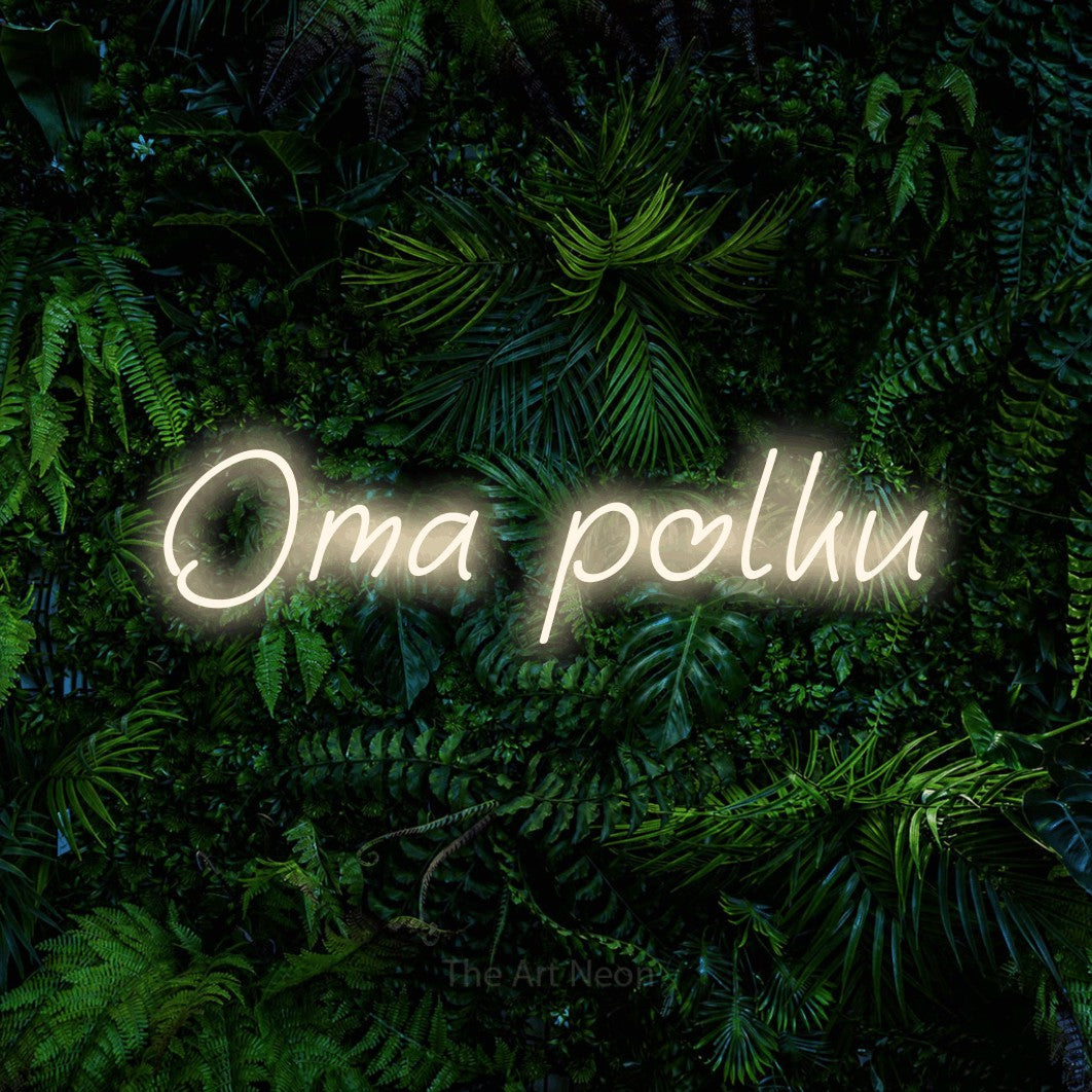 LED neon sign reading “Oma polku”, arranged in a single line.