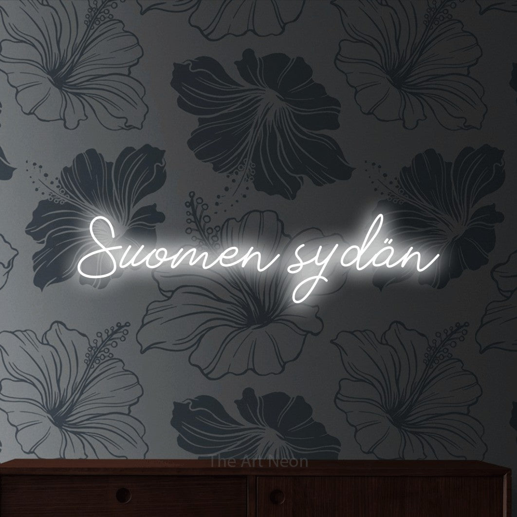 LED neon sign reading “Suomen sydän”, arranged in a single line.