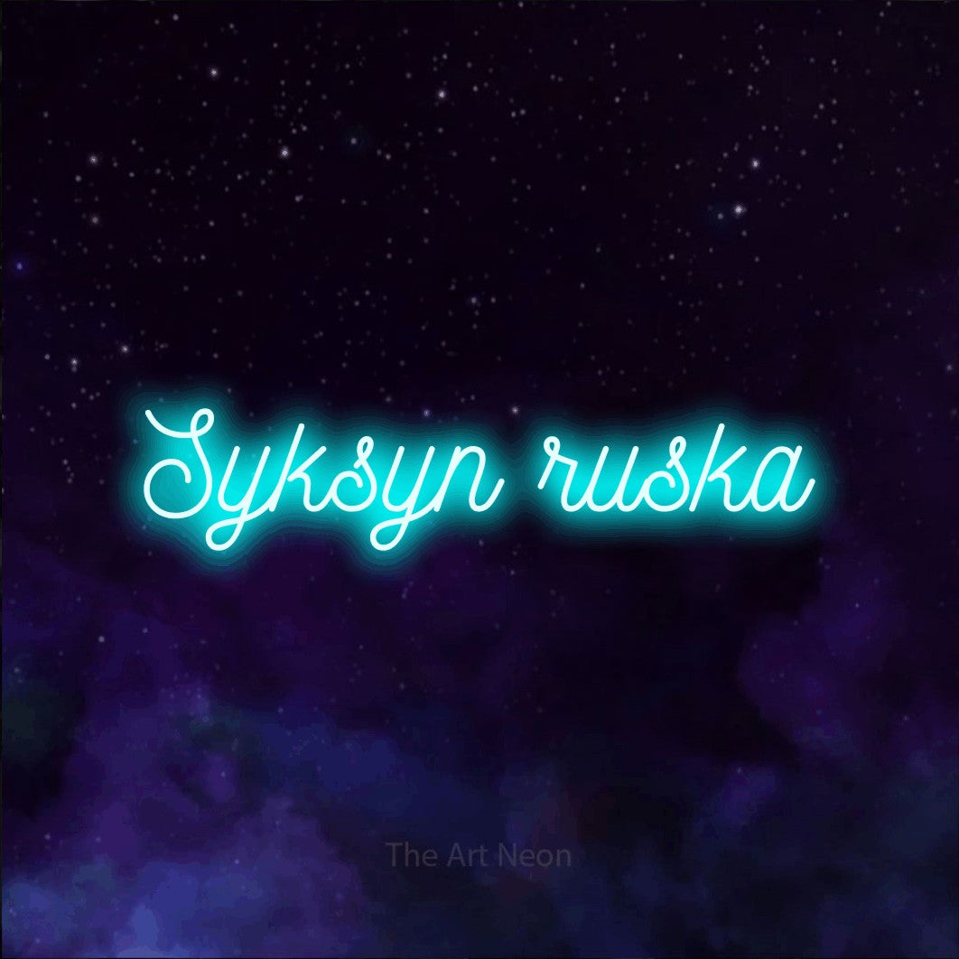 LED neon sign reading “Syksyn ruska”, arranged in a single line.