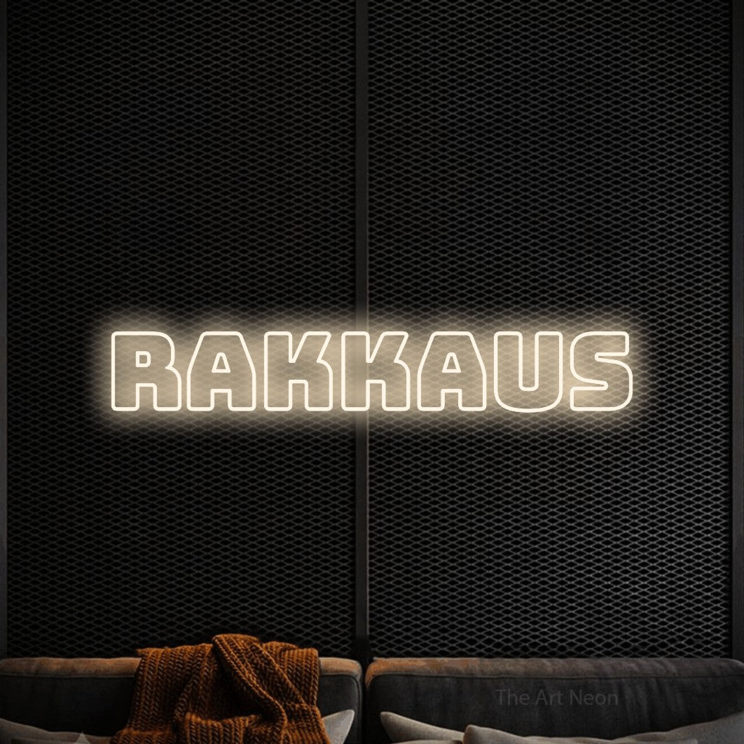 LED neon sign reading “Rakkaus”, arranged in a single line.