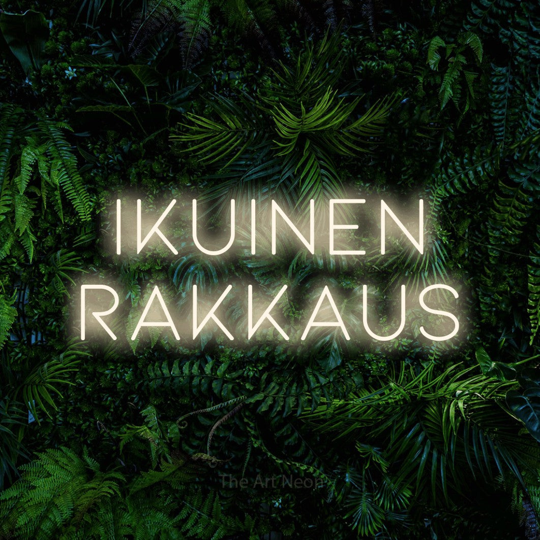LED neon sign reading “Ikuinen rakkaus”, arranged in 2 lines.