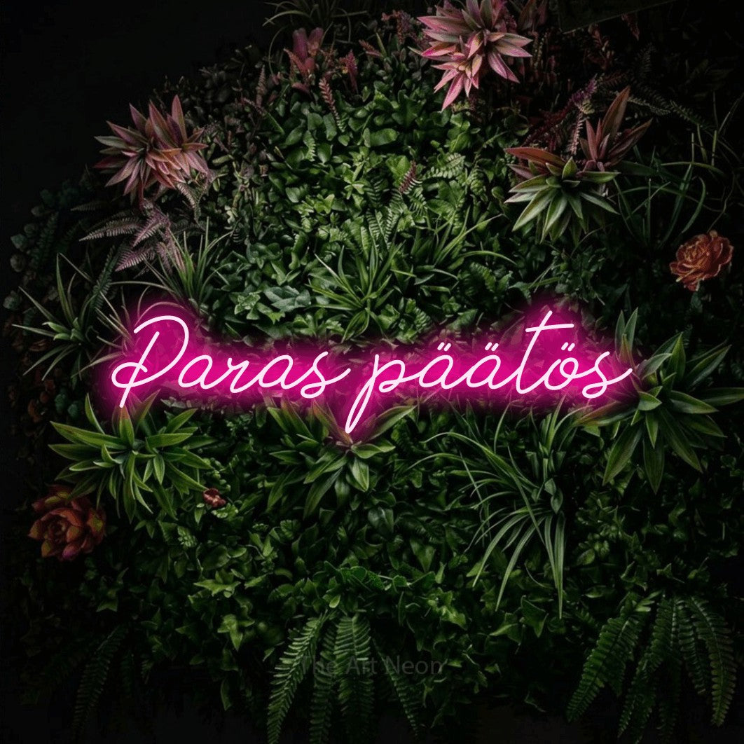 LED neon sign reading “Paras päätös”, arranged in a single line.