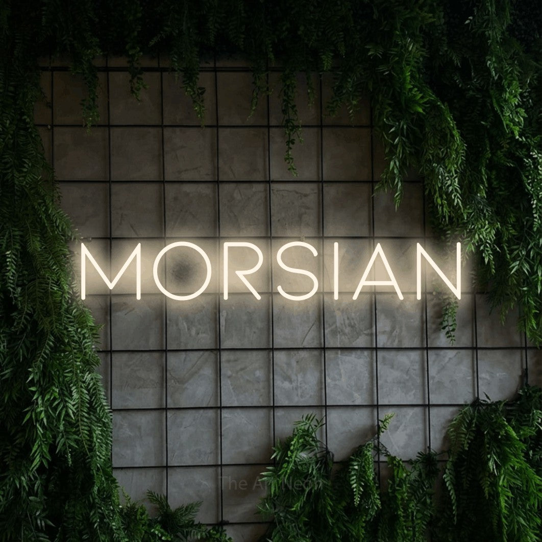 LED neon sign reading “Morsian”, arranged in a single line.