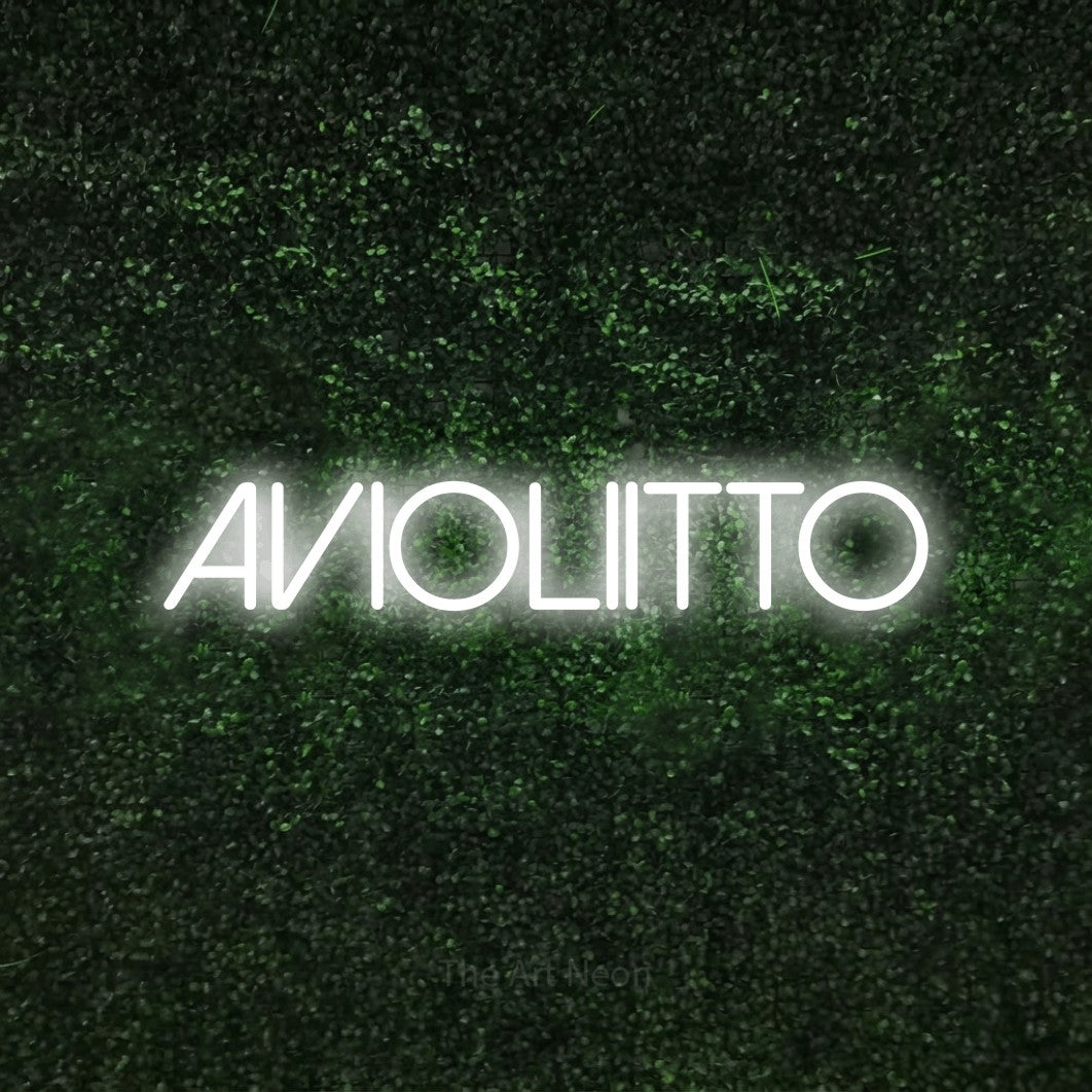 LED neon sign reading “AVIOLIITTO”, arranged in a single line.