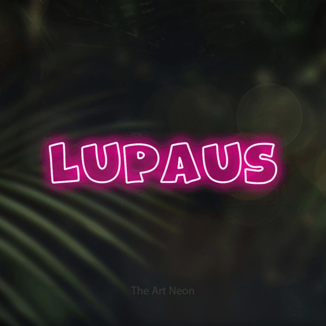LED neon sign reading “Lupaus”, arranged in a single line.