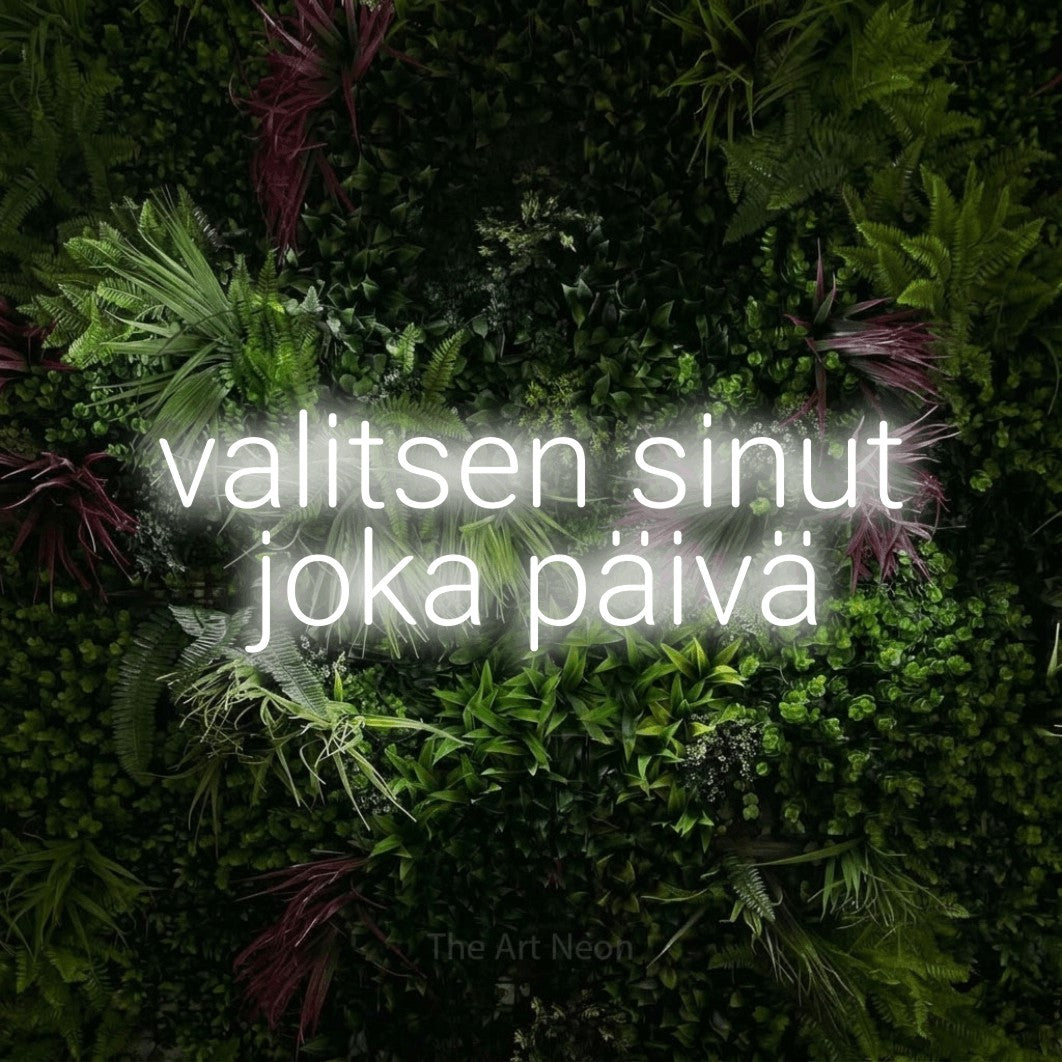 LED neon sign reading “valitsen sinut joka päivä”, arranged in 2 lines.