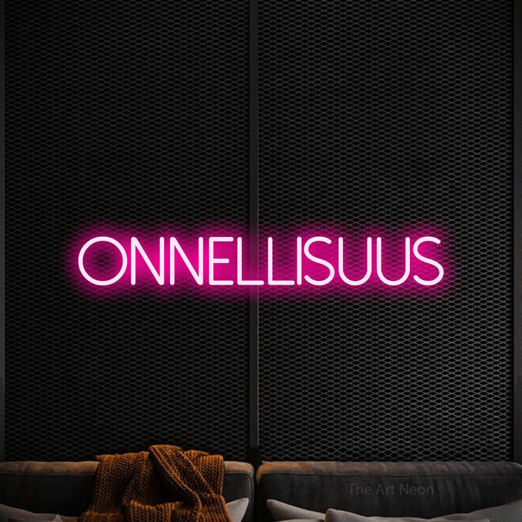 LED neon sign reading “onnellisuus”, arranged in a single line.