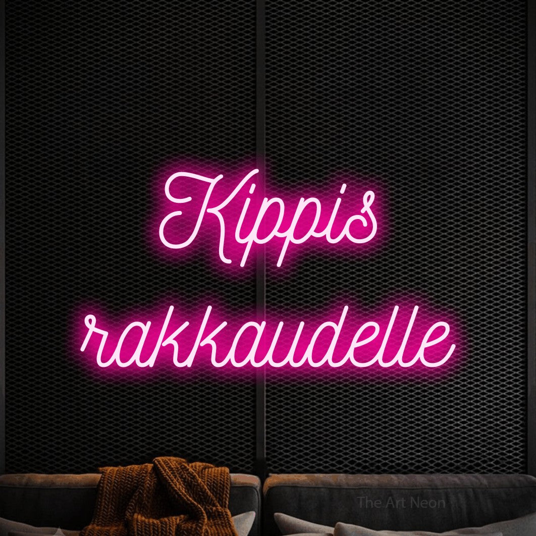 LED neon sign reading “Kippis rakkaudelle”, arranged in 2 lines.