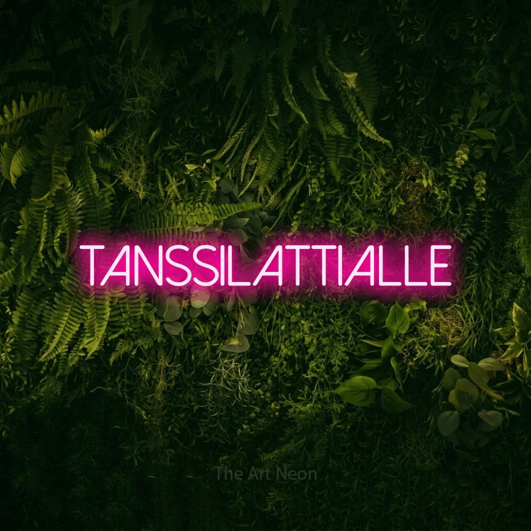 LED neon sign reading “TANSSILATTIALLE”, arranged in a single line.