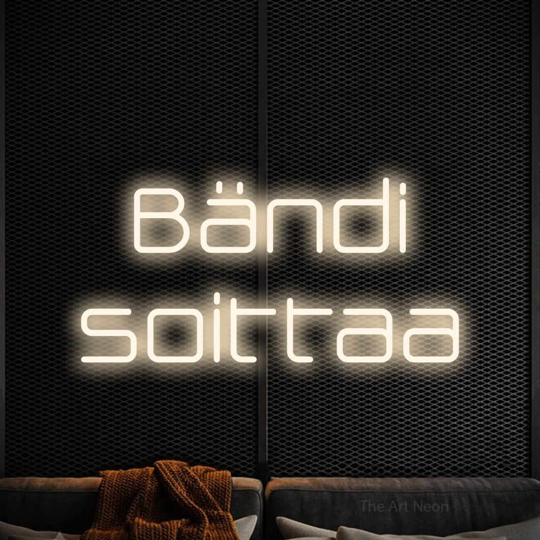 LED neon sign reading “Bändi soittaa”, arranged in 2 lines.