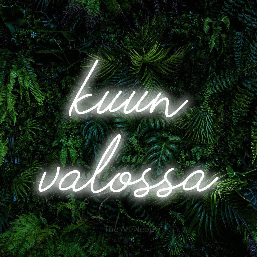 LED neon sign reading “kuun valossa”, arranged in 2 lines.