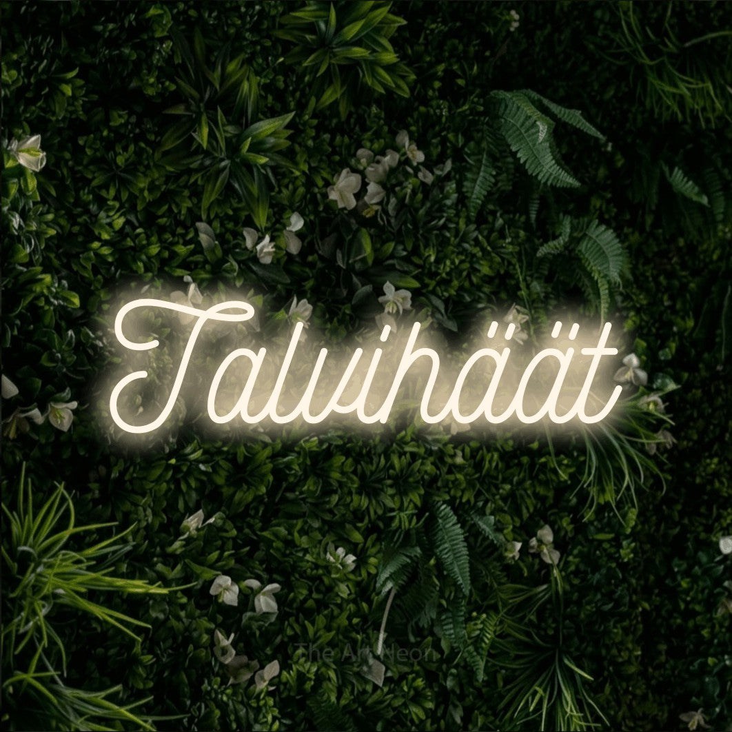 LED neon sign reading “Talvihäät”, arranged in a single line.